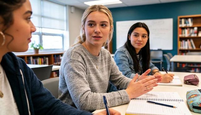 Blonde student leading study group in library as classmates taking notes and collaborating