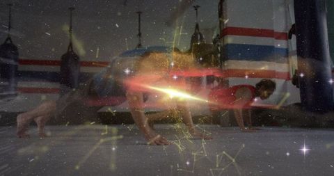 Partners Performing Push-ups in Martial Arts Gym with Digital Tech Effect