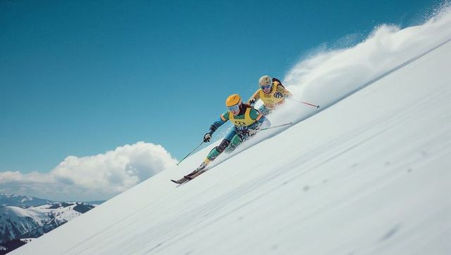 Dynamic skiers racing down snowy mountain in vibrant gear