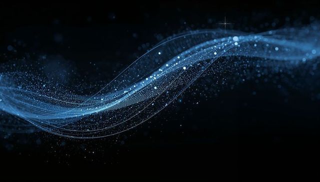 Streaming blue particle ribbons flowing across deep black space with glowing bokeh