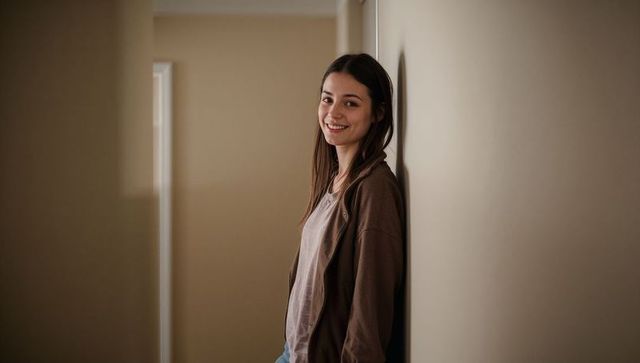 Smiling young woman leaning against beige hallway wall casual home lifestyle portrait