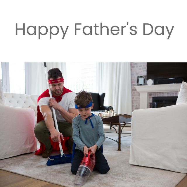 Happy father's day text and caucasian father and son playing superheroes. Father's day, fatherhood and family concept digitally generated image.