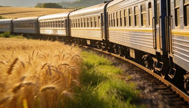 Silver train curving through golden wheat fields at sunset, rural railway journey