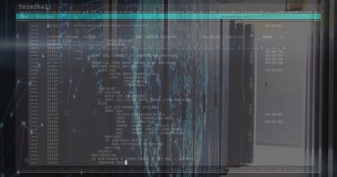 Modern data center with server cabinets and sql code overlay