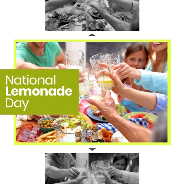 Collage of caucasian family toasting lemonade at gathering and national lemonade day text. Digital composite, copy space, family, togetherness, drink, support, business, charity and celebration,