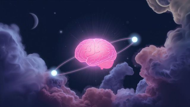 Surreal Pink Brain with Orbiting Spheres in Cloudy Nebula