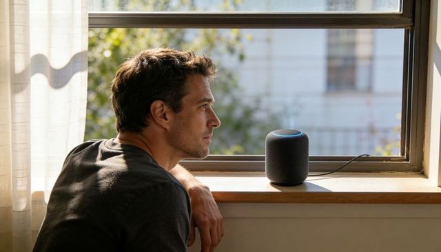 Man gazing at smart speaker on windowsill in sunlit room cozy minimal home technology