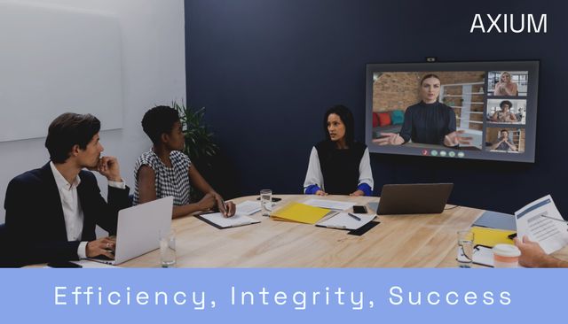 Composite of efficiency, integrity, success text over diverse businesspeople in office. Global finance, business, connections, computing and data processing concept digitally generated image.