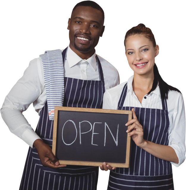 Smiling Wait Staff Holding Open Sign Chalkboard Transparent Background - Download Free Stock Videos Pikwizard.com