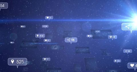 Floating social media metrics in futuristic digital space
