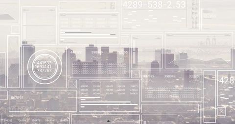 Futuristic digital interfaces overlaying urban skyline