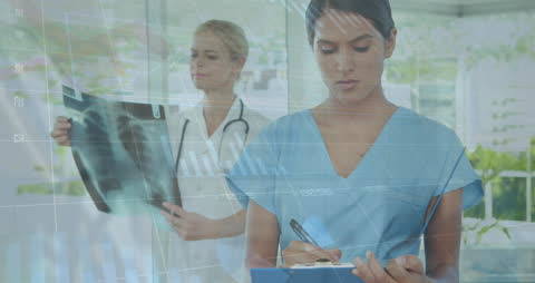 Medical Professionals Analyzing Data with Futuristic Interface