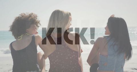 Three Friends Relaxing Sunlit Beach in Swimwear, Sunglasses and Denim Coverup KICK Overlay