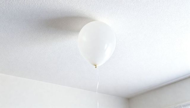 White balloon floating near ceiling casting soft shadow minimalist interior home