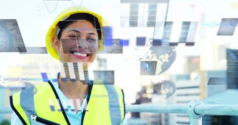 Smiling Engineer Inspecting Rooftop Wearing Hard Hat and Hi-Vis Vest Holding Tablet