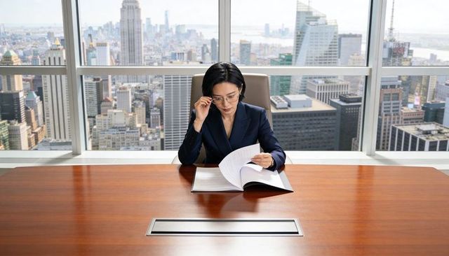 Asian executive reviewing contract in high-rise boardroom overlooking city skyline