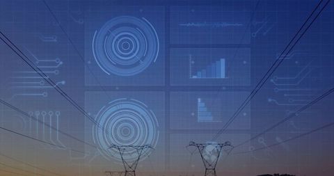 Futuristic Energy Grid with Data Overlays at Dusk