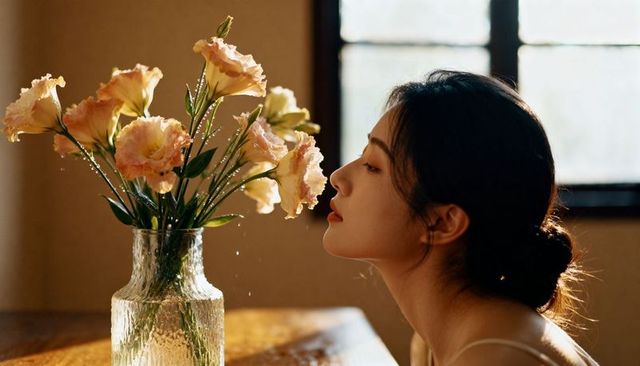 Leaning asian woman smelling peach-pink lisianthus in glass vase with warm backlight