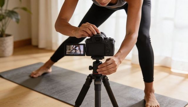 Fitness trainer adjusting dslr on tripod for home yoga recording and content creation