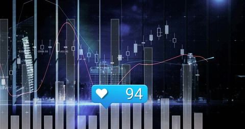 Nighttime Financial Chart Analysis with Notifications in Urban Skyline