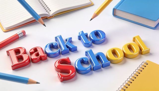 Glossy 3d back to school letters with colorful pencils and notebooks on white surface