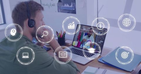 Remote learning virtual meeting man wearing headset watching online presenter on laptop