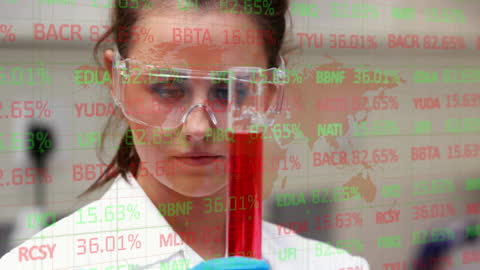 Scientist in Lab Analyzing Test Tube Against Digital Financial Interface