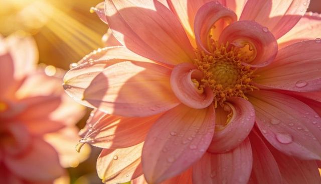 Sunlit pink dahlia macro closeup with dew drops, golden hour backlight and soft bokeh