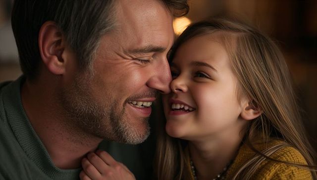 Father and daughter sharing warm laughter cheek-to-cheek during cozy home bonding moment
