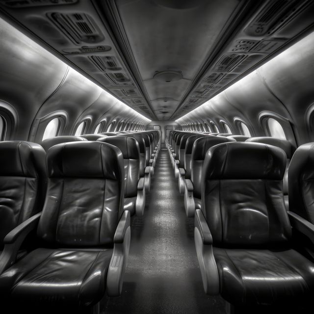Empty airplane cabin with rows of seats in black and white. Well-suited for themes around travel, aviation, and transport industry. Great for use in brochures, articles, and presentations about air travel, minimalist design, and airline services.