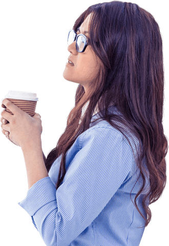 Woman Hold Coffee Cup Wearing Glasses Office Environment Transparent