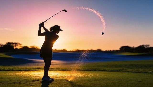 Female golfer silhouette swinging at sunset on golf course golden hour action