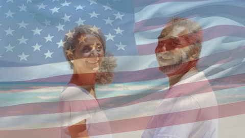 Joyful Senior Couple on Beach, Blended with American Flag Representation