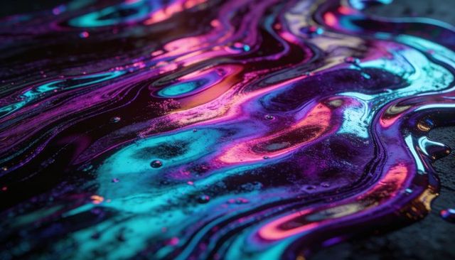 Rippling iridescent liquid creating prismatic marbling on surface with metallic flecks