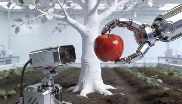 Robotic arm harvesting glossy red apple in sterile laboratory cultivation bay
