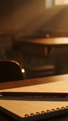 Vertical video showing golden sunlight sweeping across spiral notebook and pencil on school desk