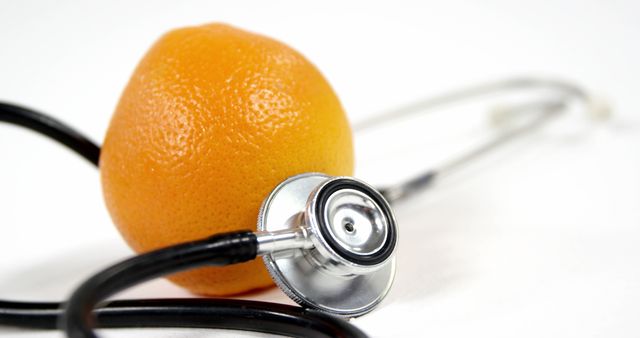 An orange is placed next to a stethoscope on a white background, symbolizing a healthy lifestyle or medical nutritional advice, with copy space. The juxtaposition suggests the importance of diet in maintaining health and potentially preventing illness.