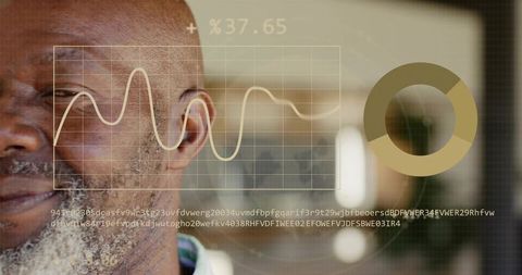Senior man portrait with data visualization overlays showing dashboard analytics insights