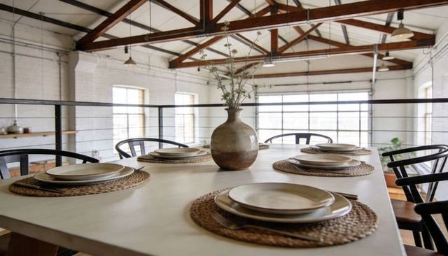Industrial loft dining table displaying minimal tableware and earthenware vase on mezzanine