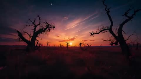 Silhouette of Twisted Trees at Sunset on Barren Wilderness