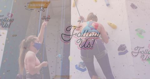 Women Rock Climbing in Gym with Social Media Icons Overlay