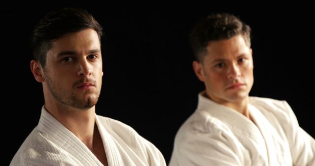 Two Male Martial Artists Posing in Karate Uniforms on Black Background - Download Free Stock Images Pikwizard.com