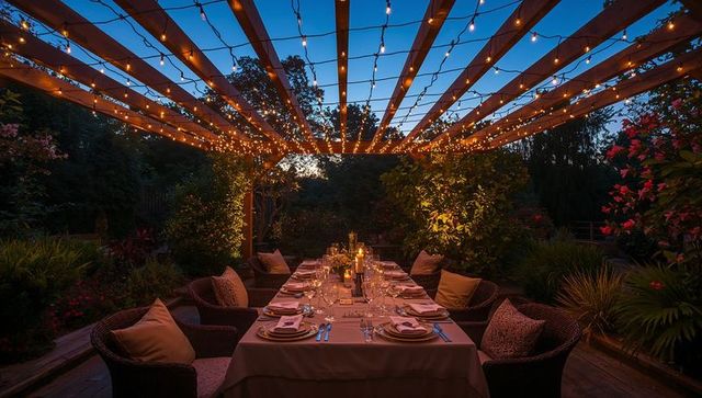 Twilight pergola glowing with string lights framing long candlelit alfresco dining table