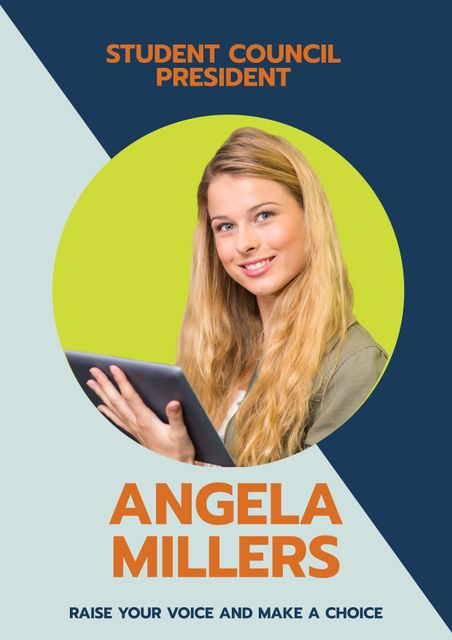 Ideal for promoting a student council campaign, this template captures a young woman holding a tablet, symbolizing modern leadership and technology engagement in educational settings. The bold text emphasizes her candidacy, making an impactful poster for school elections.