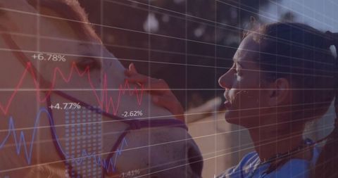 Equine veterinarian examining horse halter with stethoscope and financial graph overlay