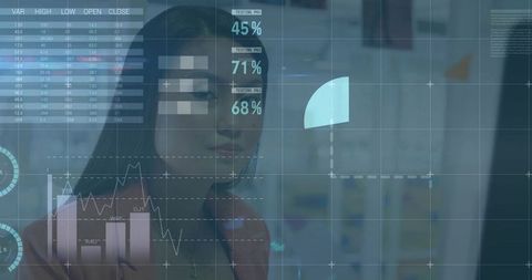 Businesswoman analyzing holographic dashboard, data visualization and analytics overlays
