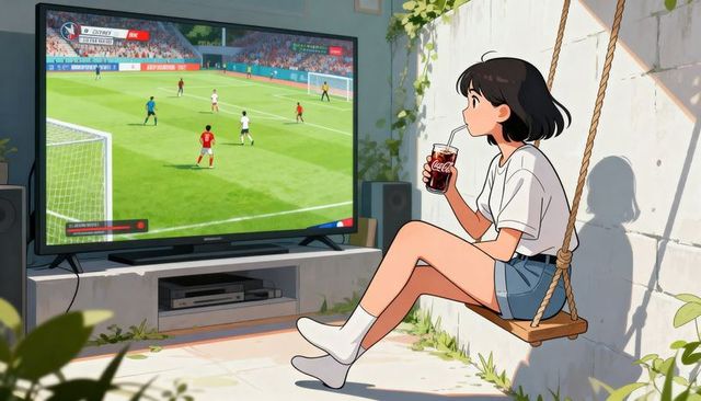 Girl on swing sipping cola relaxing while watching soccer match on tv in sunlit courtyard
