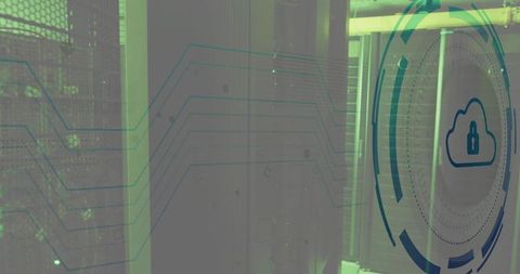 Securing Cloud Infrastructure with Digital Lock HUD Over Server Racks in Green Data Center
