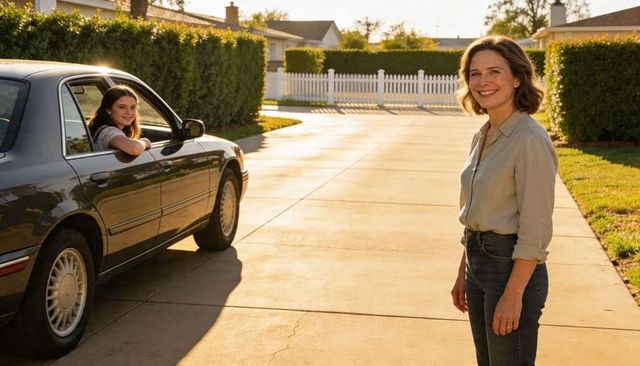 Smiling woman standing by driveway with teen leaning from sedan window during golden hour