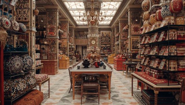 Ornate Boutique Showroom Showcasing Ceramics, Textiles and Chandeliers under Skylight